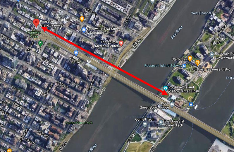 Mapa trasy lanovky z Manhattanu na ostrov Roosevelt