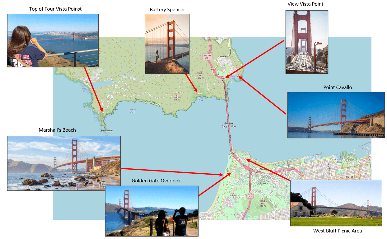 Mapa výhledů na Golden Gate Bridge