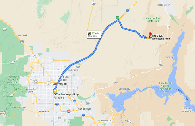 Mapa cesty z Las Vegas do Valley of Fire