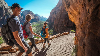 Cesta k k začátku Pohled na treck Angels Landing v Zionu