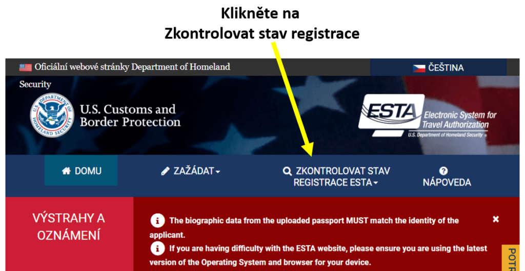 Jak zkontrolovat stav registrace ESTA