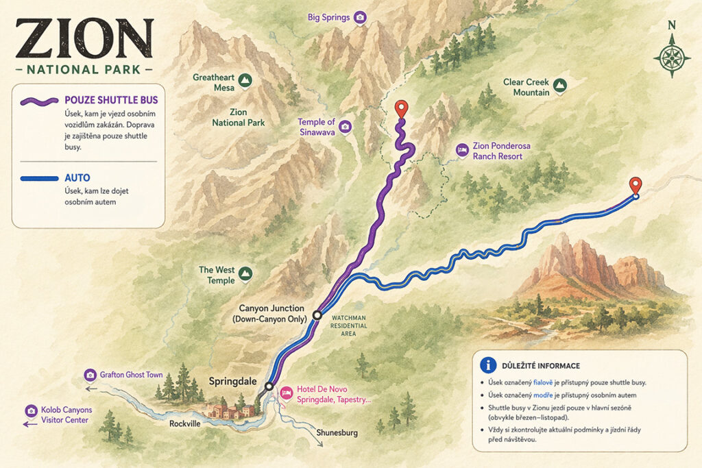 Zion národní park USA - trasa shuttle bus a auto
