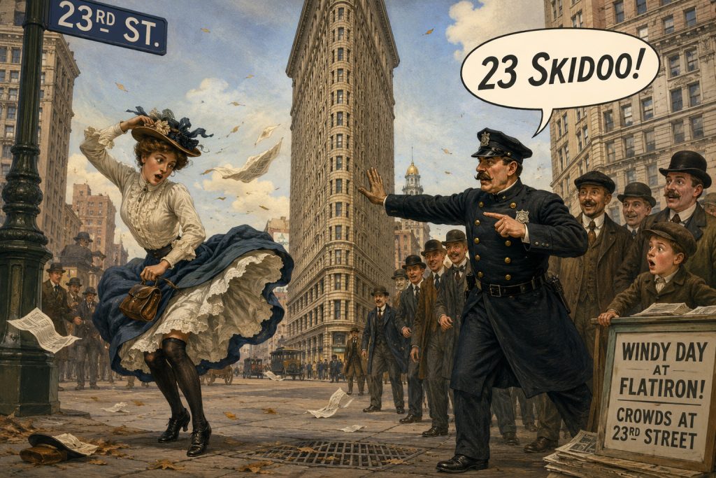 Kolem Flatiron Building foukal tak silný vítr, že zvedal dámám sukně